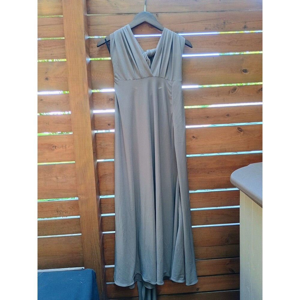 Birdy Grey Convertible Halter V Neck M Taupe Gray Tan Dress Open Back Side Slit
